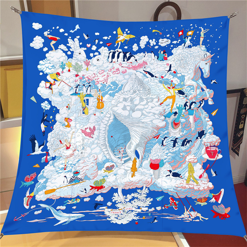 Silk Scarf Square - POBING-능직 실크 스카프 유로 말 프린트